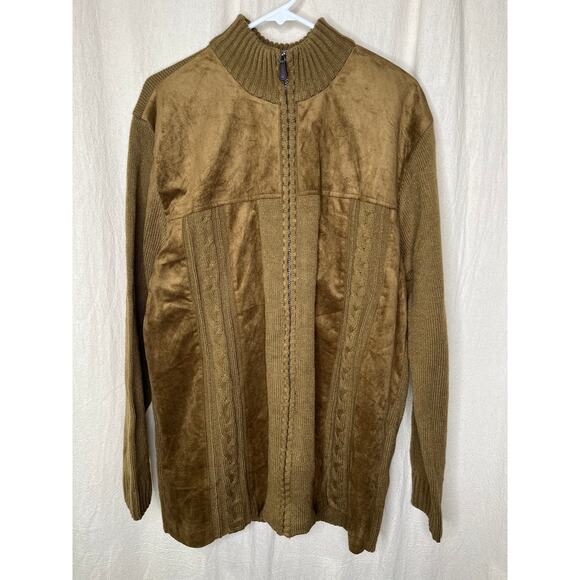 1970s Inserch Cognac Wool Cable Knit Faux Suede Full Old Money Sweater Jacket L - Picture 2 of 4